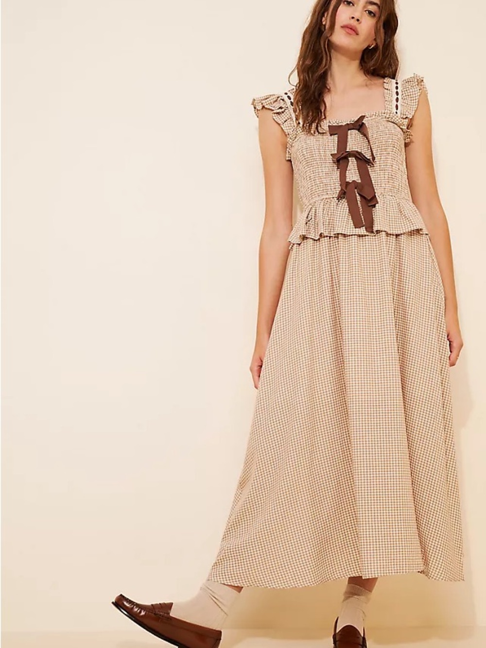 Moon River | Dresses | Moon River Beige Gingham Ruffle Maxi Dress Size S